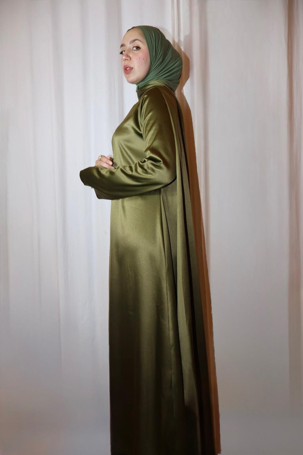 Satin Shawl Dress Olive