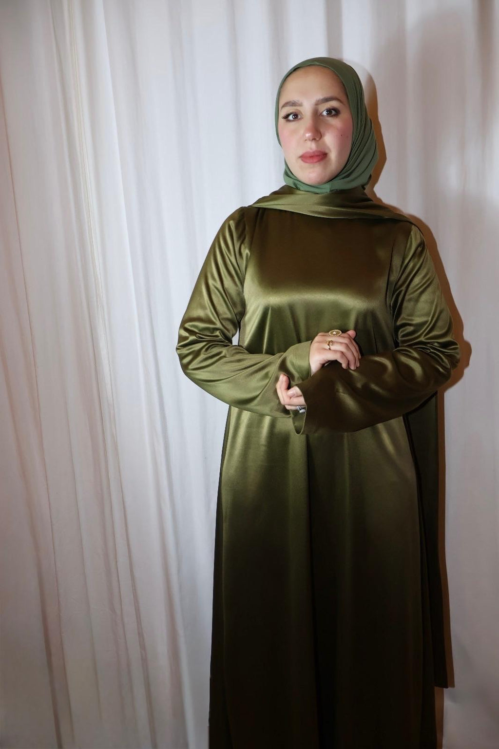Satin Shawl Dress Olive